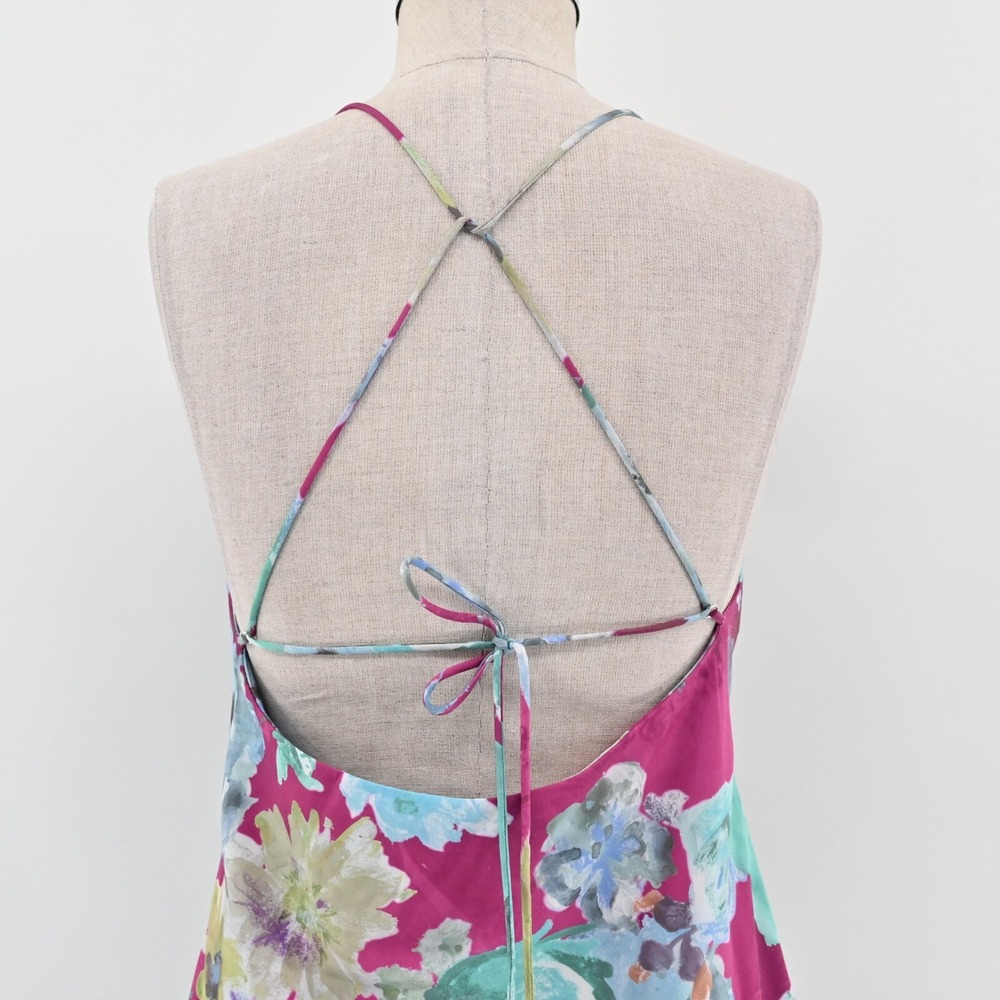 ACOA Dress Size M Blue Magenta Floral Print Strapless V Neck Midi Slip Vacation - Picture 2 of 13